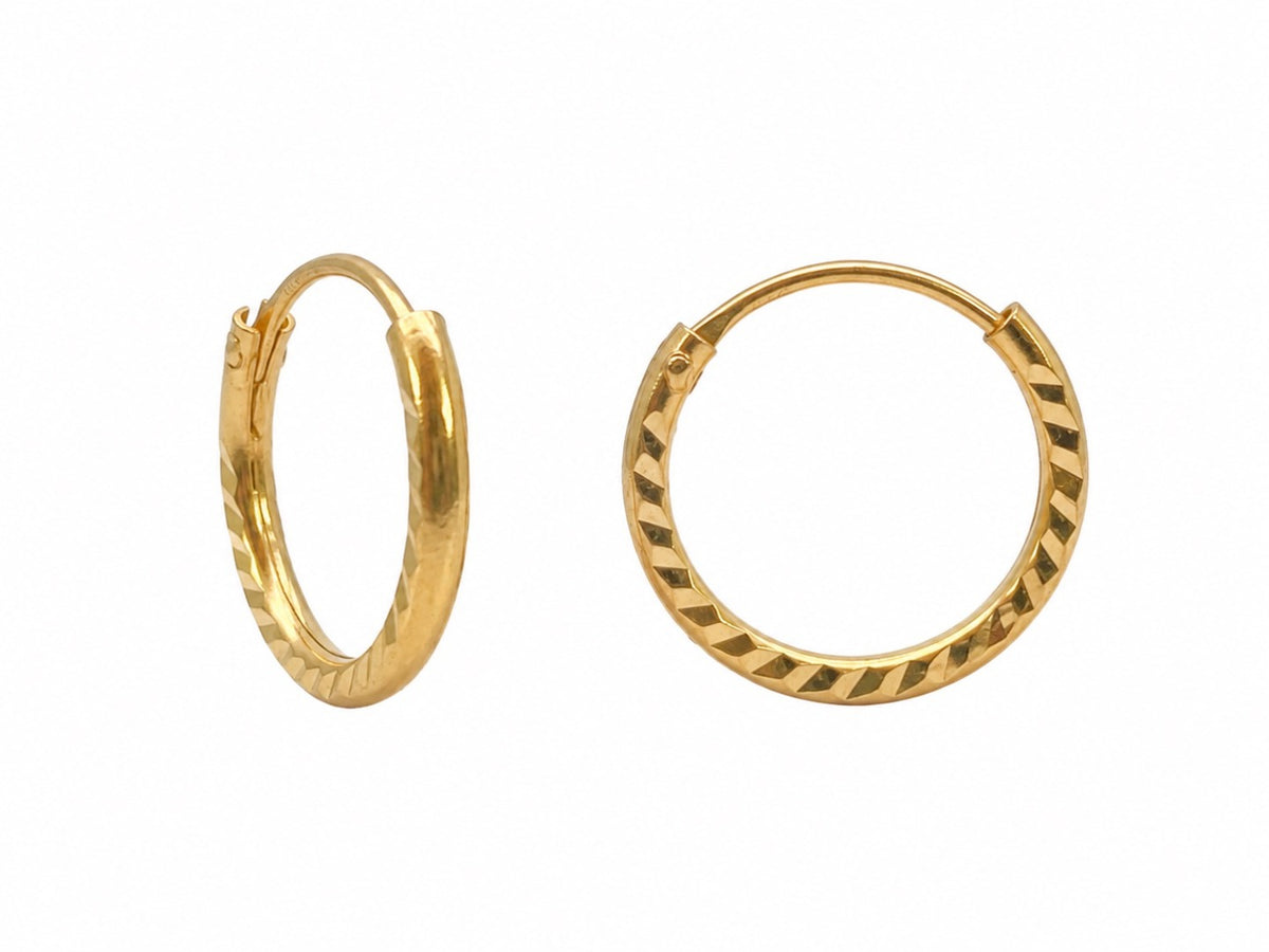 22ct Yellow Gold Diamond Cut Hoop Earrings 10mm Small Sleeper Huggie Hoops Pair