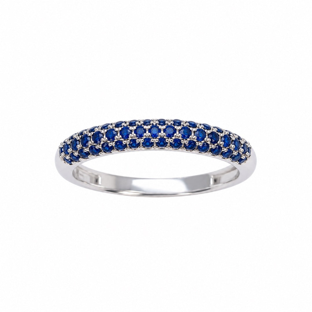 14ct White Gold Blue Sapphire 3 Row Dome Shaped Pave Set Ring 0.40ct