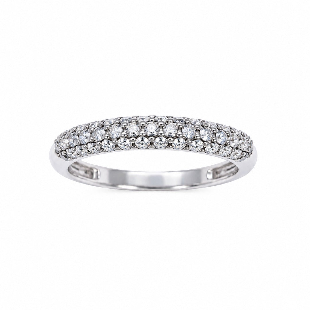 14 karaat witgouden ring met 3 diamanten, koepelvormige pavézetting 0,34 ct