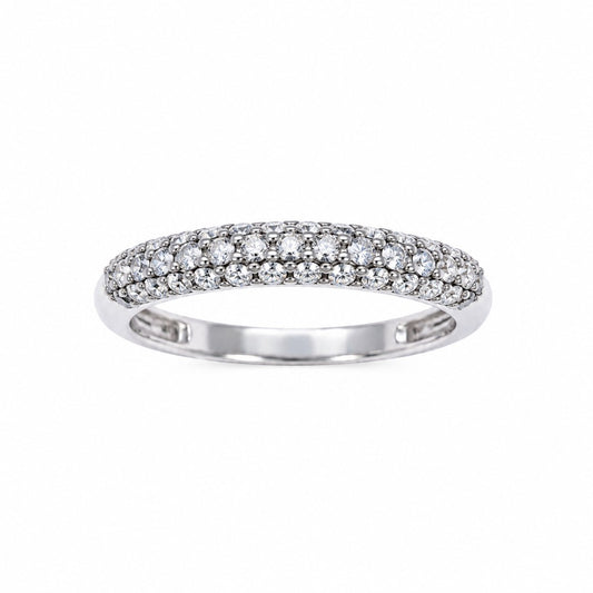 14 karaat witgouden ring met 3 diamanten, koepelvormige pavézetting 0,34 ct
