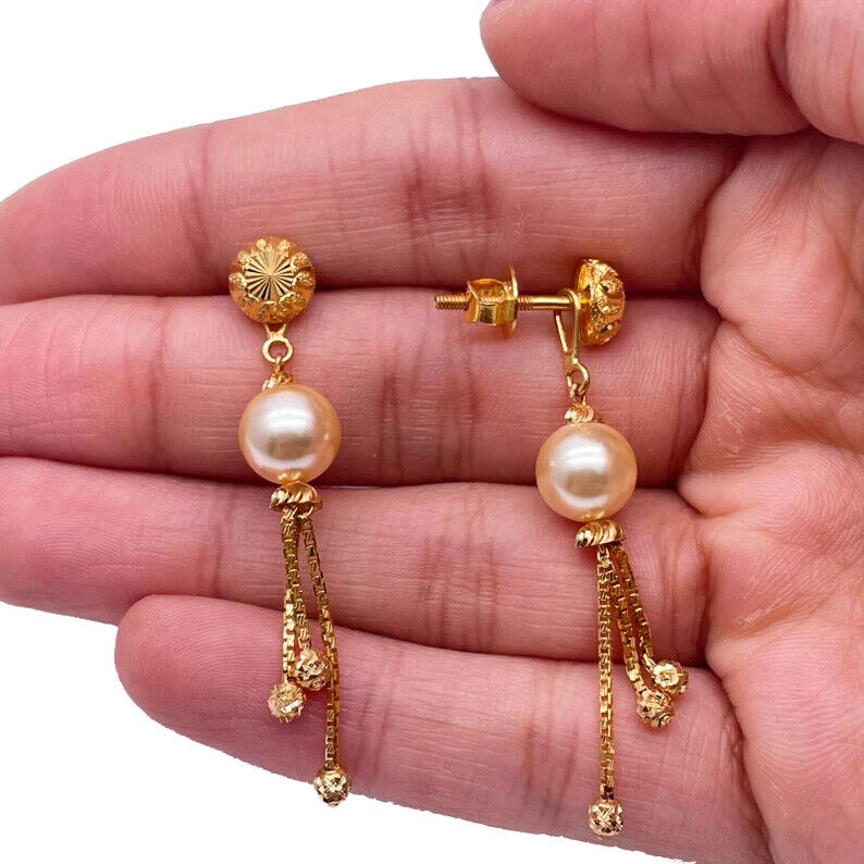 Parure Collier/Boucles d'oreilles superposés, en Or jaune 22 carats, avec perles et billes diamantées