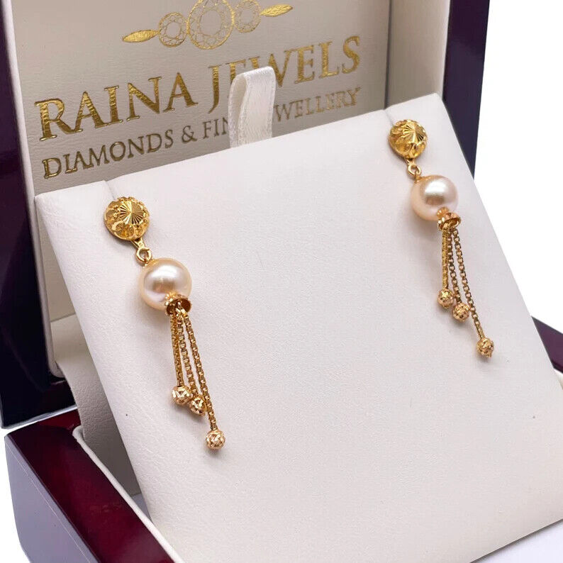 Parure Collier/Boucles d'oreilles superposés, en Or jaune 22 carats, avec perles et billes diamantées