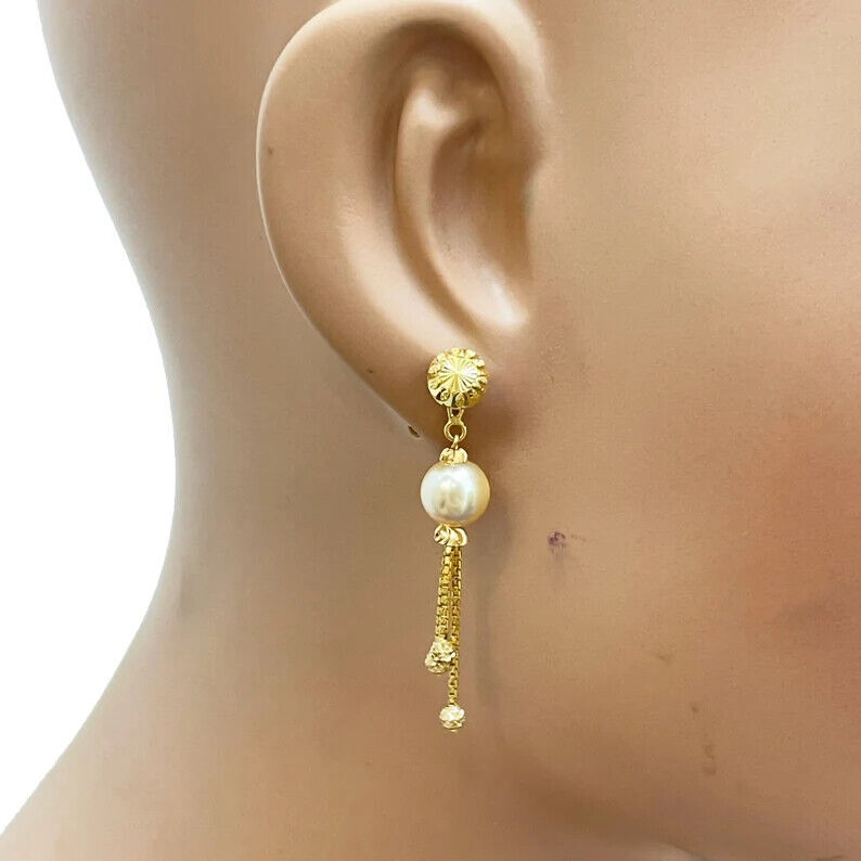 Parure Collier/Boucles d'oreilles superposés, en Or jaune 22 carats, avec perles et billes diamantées