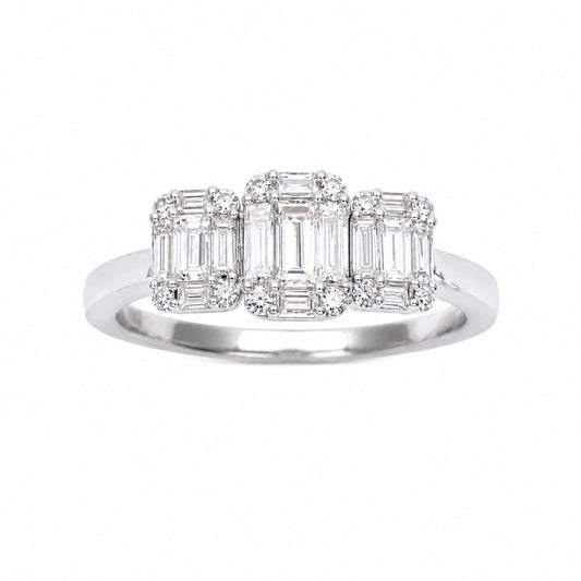 18kt witgouden ring met ronde diamant en baguette trilogie 0,58ct