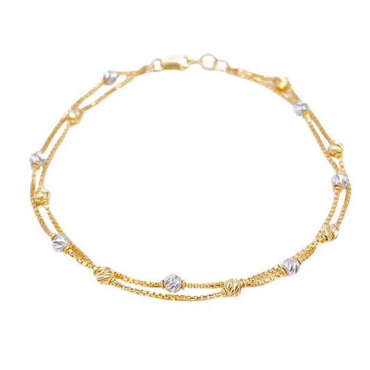 Bracelet en or jaune 22 carats à double chaîne avec perles bicolores taillées en diamant