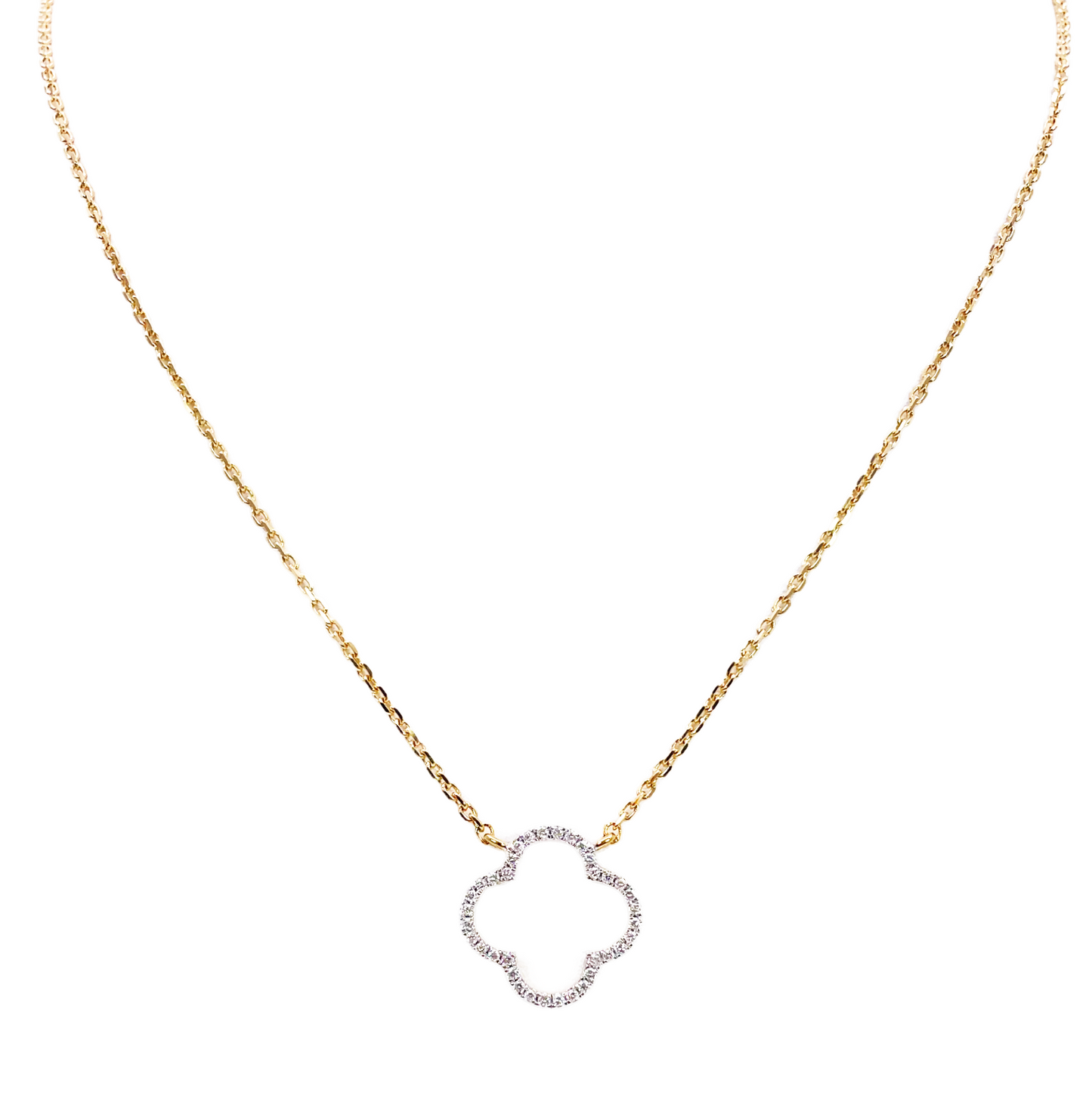 Collier élégant en or jaune 14 carats avec pendentif fleur ouvert serti de diamants 0,15 carat, 45 cm