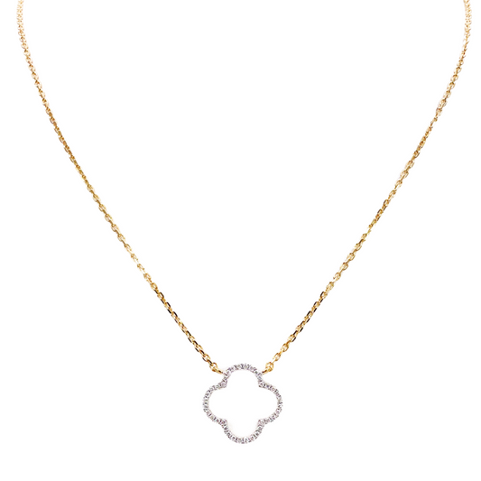 Collier élégant en or jaune 14 carats avec pendentif fleur ouvert serti de diamants 0,15 carat, 45 cm