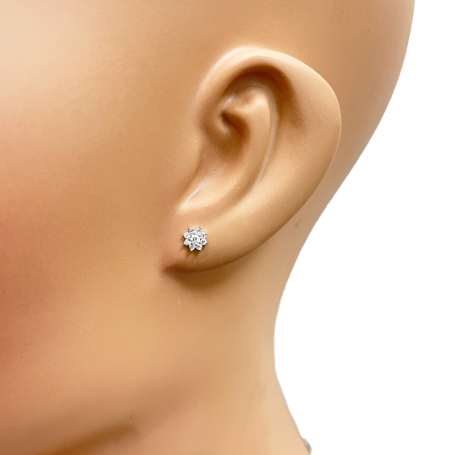 Boucles d'oreilles enfant motif fleur à huit pétales en oxyde de zirconium, or blanc 18 carats, longueur 5,5 mm