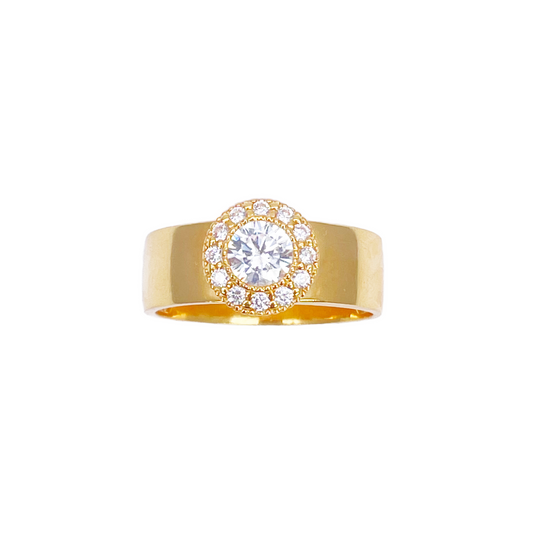 Bague halo en or 22 carats avec zircones cubiques, poli miroir, largeur 8,6 mm
