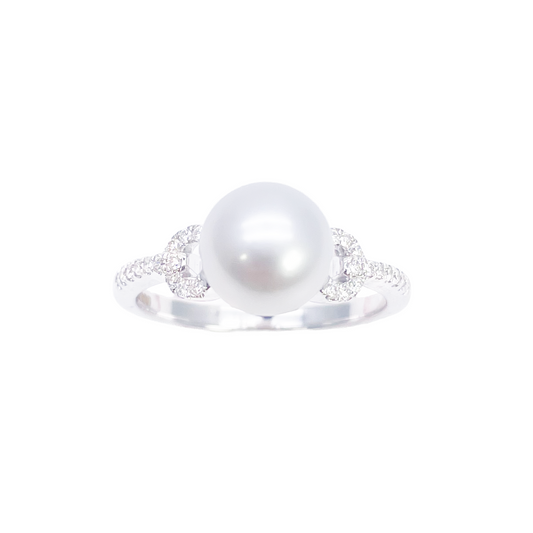 18-karaats gouden ring met zoetwaterparel en diamant, natuurlijke ronde slijpvorm 0,10ct