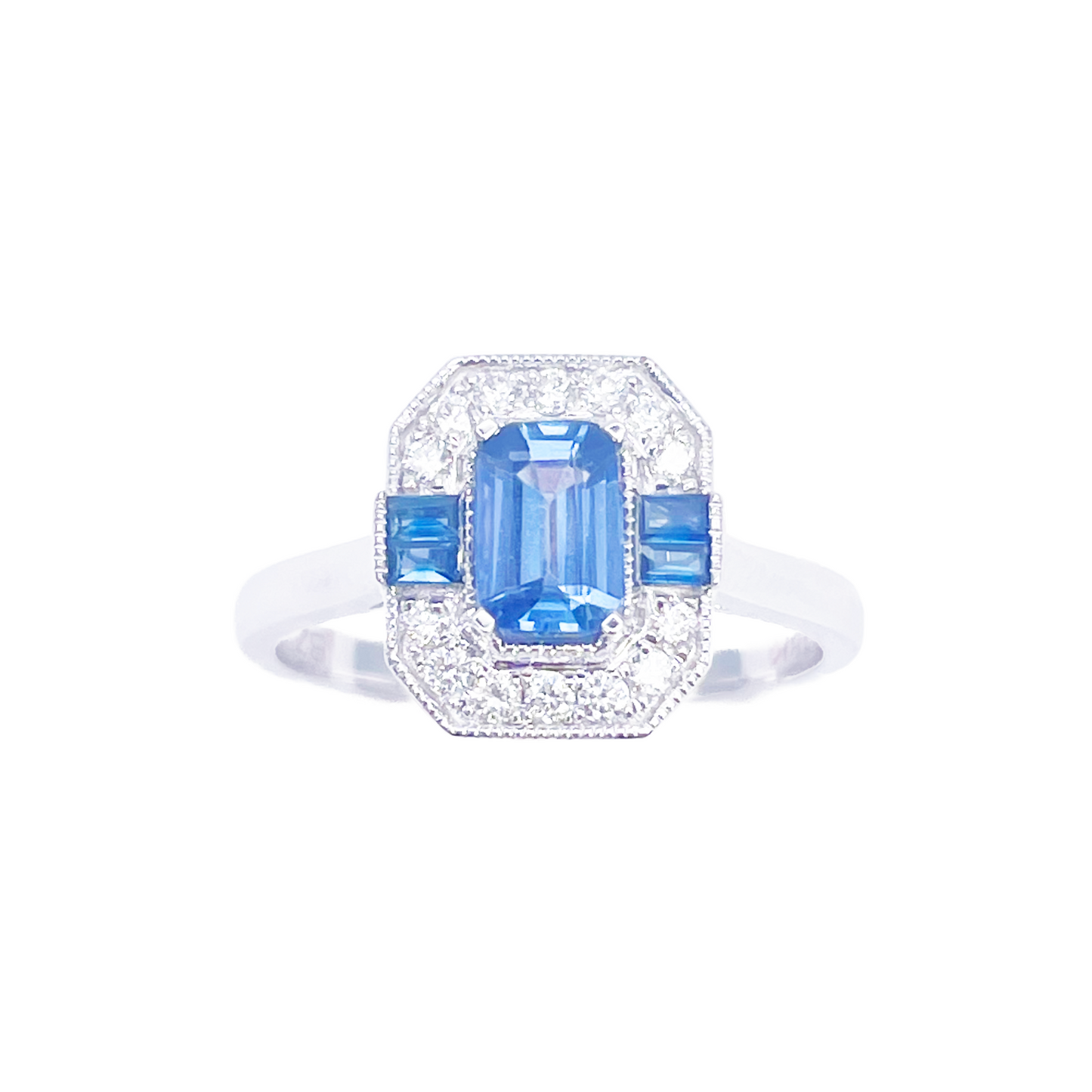 18-karaats gouden ring met natuurlijke saffier en diamant, halo, ronde en smaragd slijpvorm 1,00ct