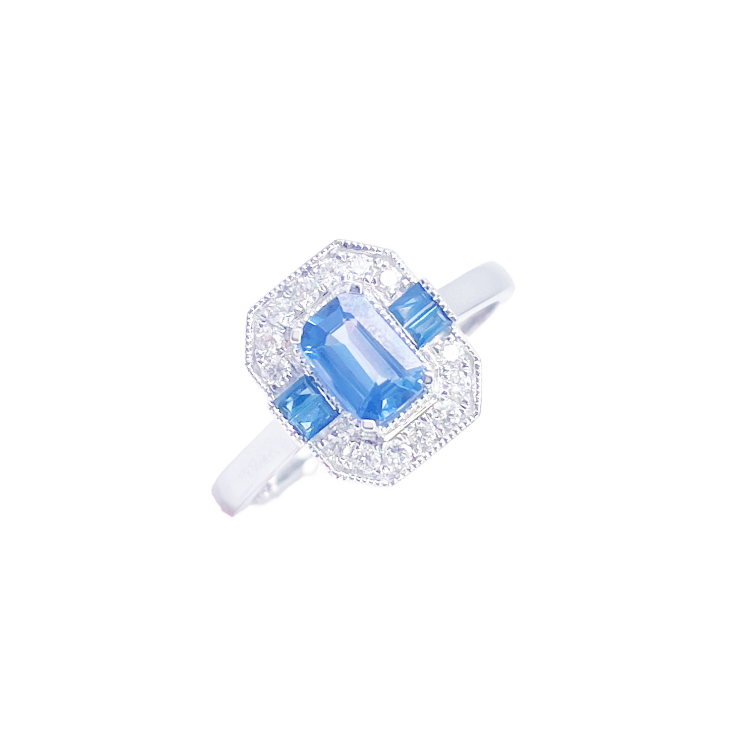 18-karaats gouden ring met natuurlijke saffier en diamant, halo, ronde en smaragd slijpvorm 1,00ct