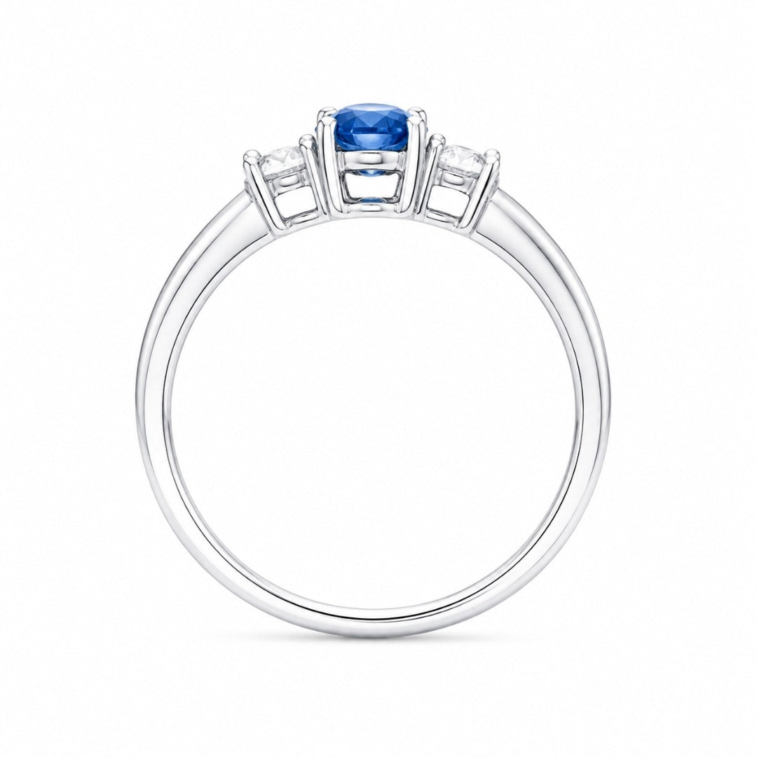 Bague trilogie en or 18 carats avec saphir naturel et diamants, taille ronde et ovale 0,65 ct