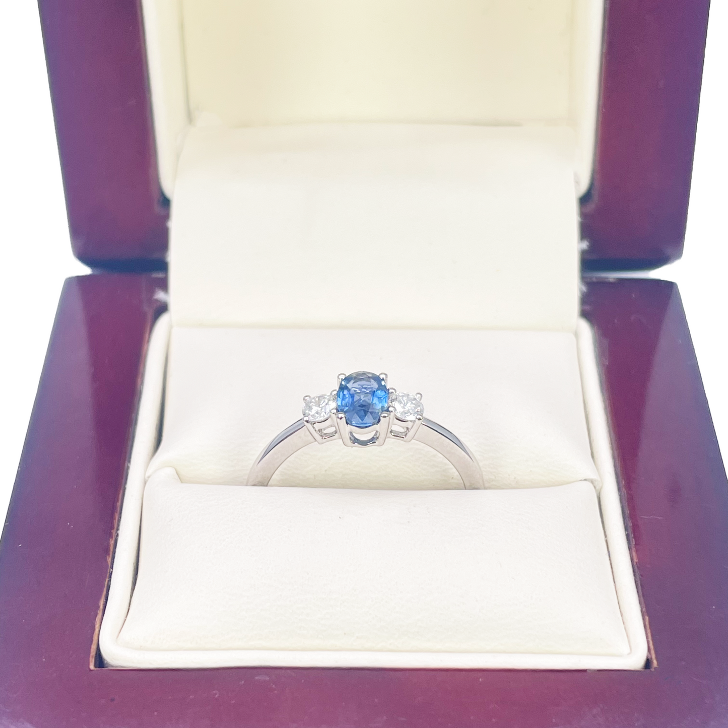 18kt Goud Natuurlijke Saffier Diamant Drie-Stenen Ring Rond & Ovaal Geslepen 0,65ct