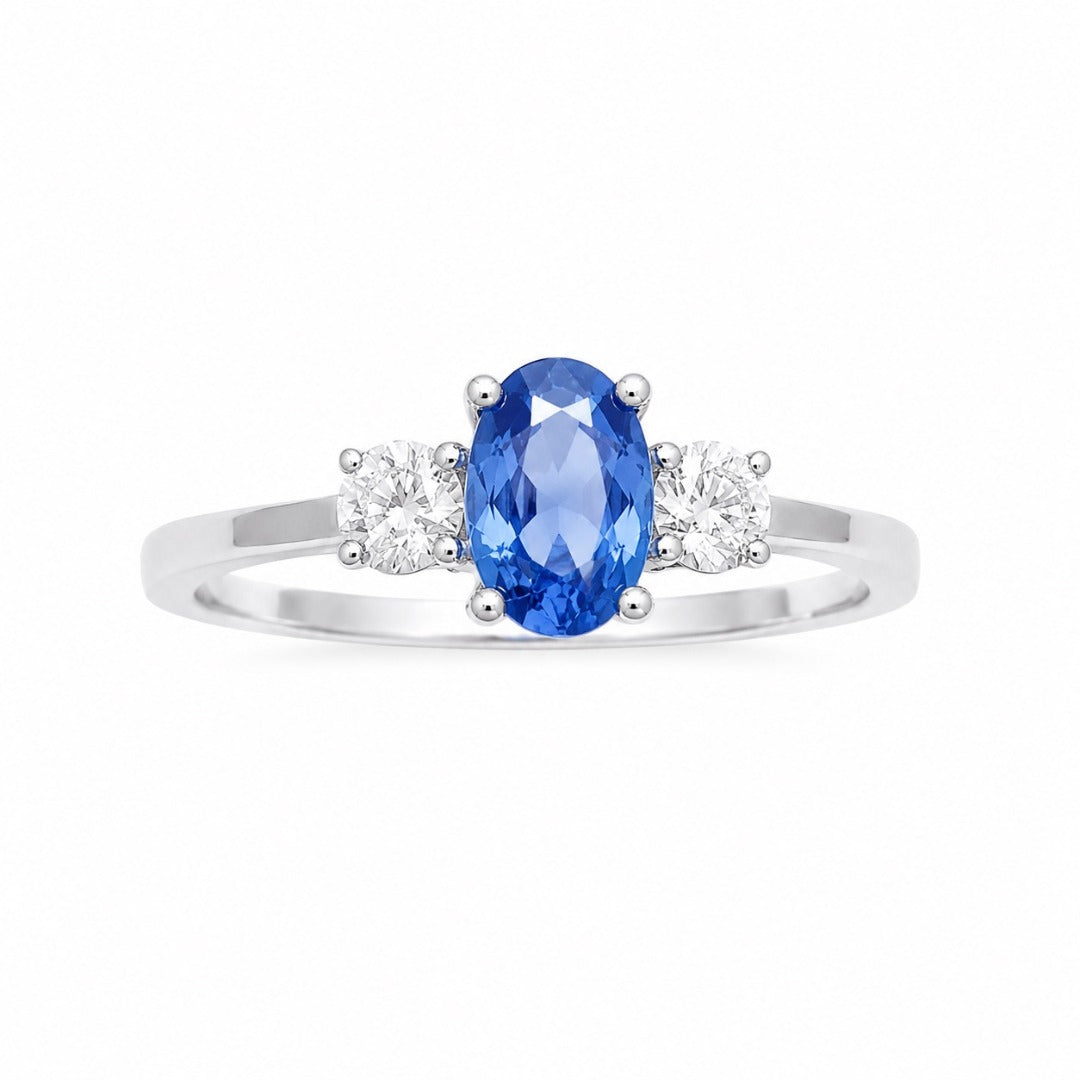Bague trilogie en or 18 carats avec saphir naturel et diamants, taille ronde et ovale 0,65 ct