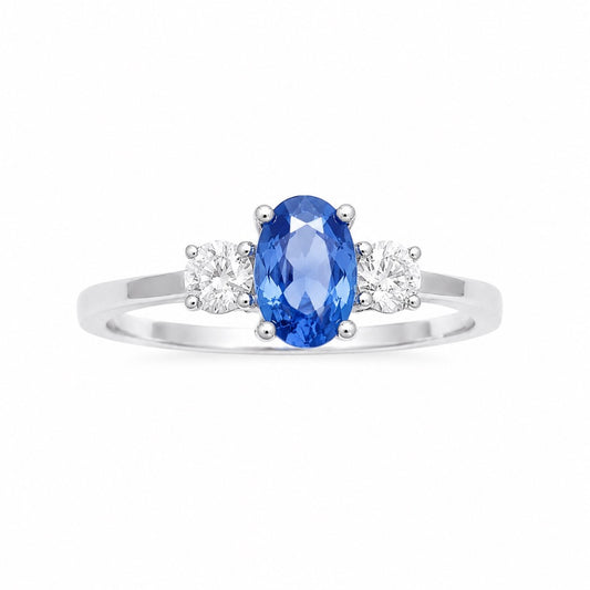 18kt Goud Natuurlijke Saffier Diamant Drie-Stenen Ring Rond & Ovaal Geslepen 0,65ct