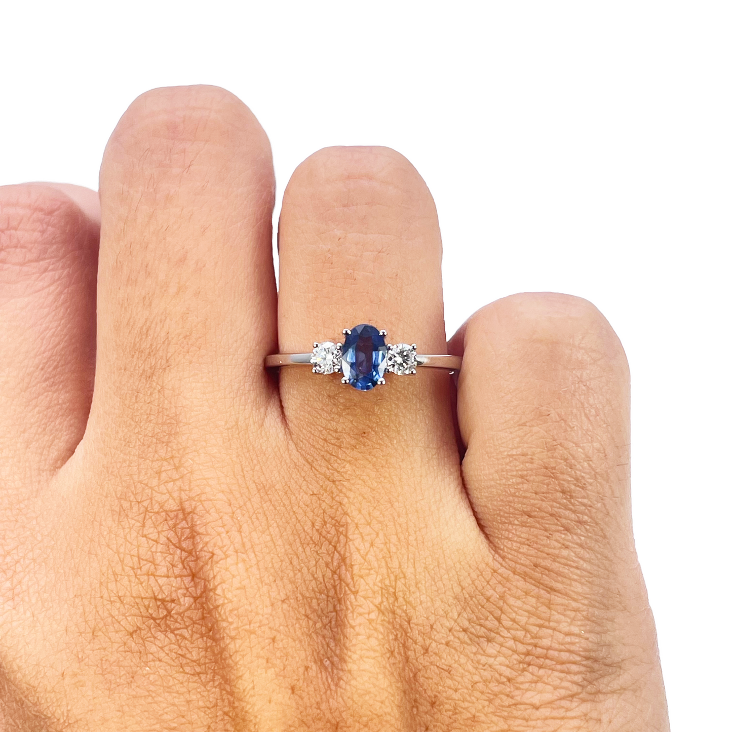 18kt Goud Natuurlijke Saffier Diamant Drie-Stenen Ring Rond & Ovaal Geslepen 0,65ct