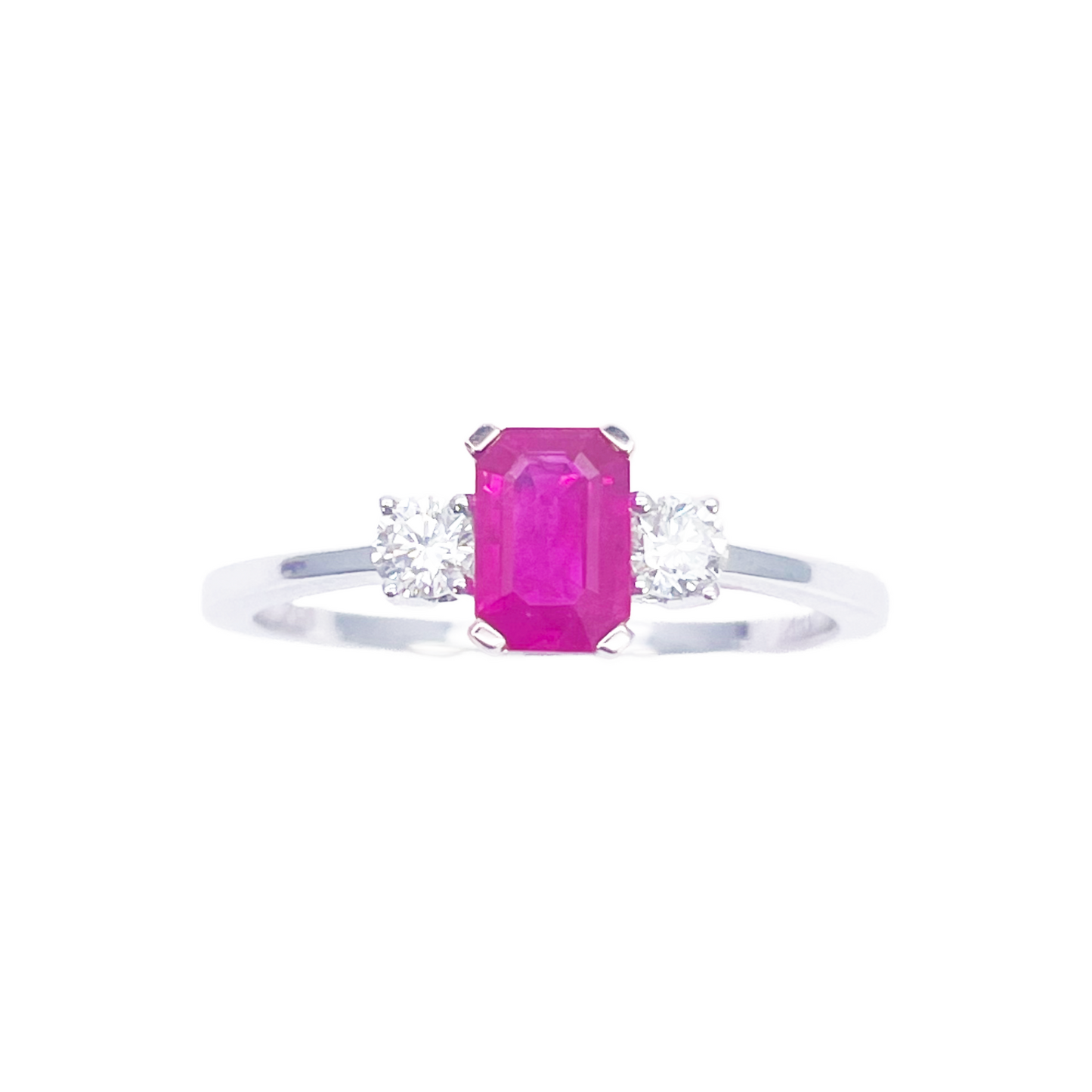18kt Goud Robijn Diamant Ring Natuurlijke Ronde & Smaragd Geslepen Drie-Stenen 0,75ct
