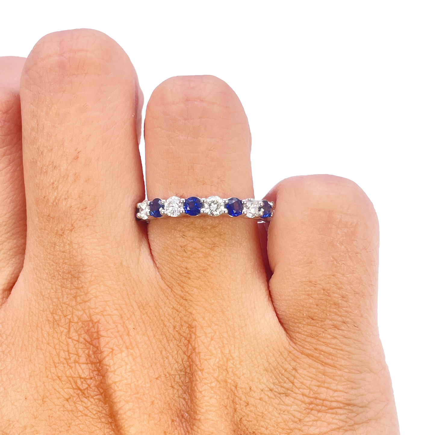 18kt gouden natuurlijke ronde diamant & saffier halve eternity stapelbare ring 1,20 ct
