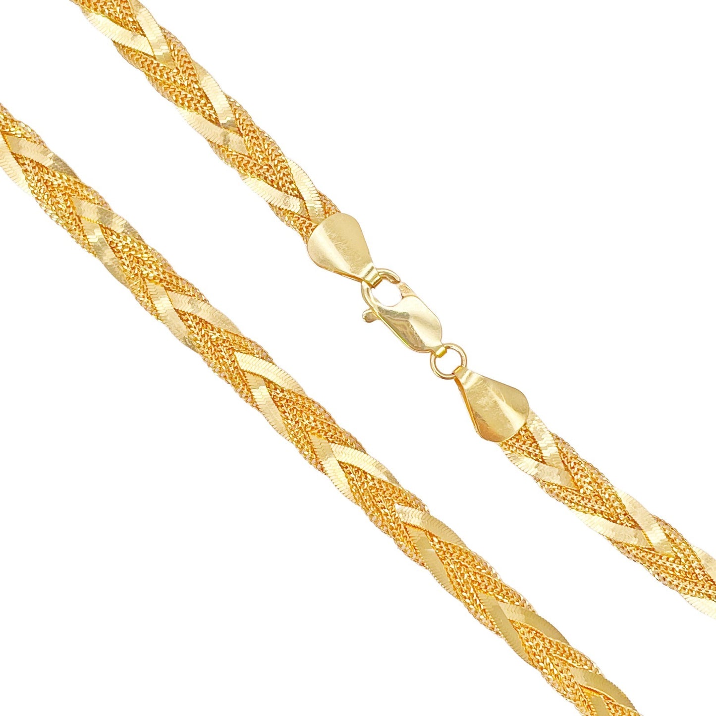 22ct Gold Plaited Herringbone Braid Flat Chain Necklace High Polished 22 Inches