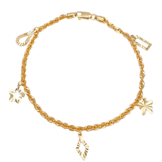 22ct Yellow Gold Rope Chain Bracelet with Diamond Cut Open Charms