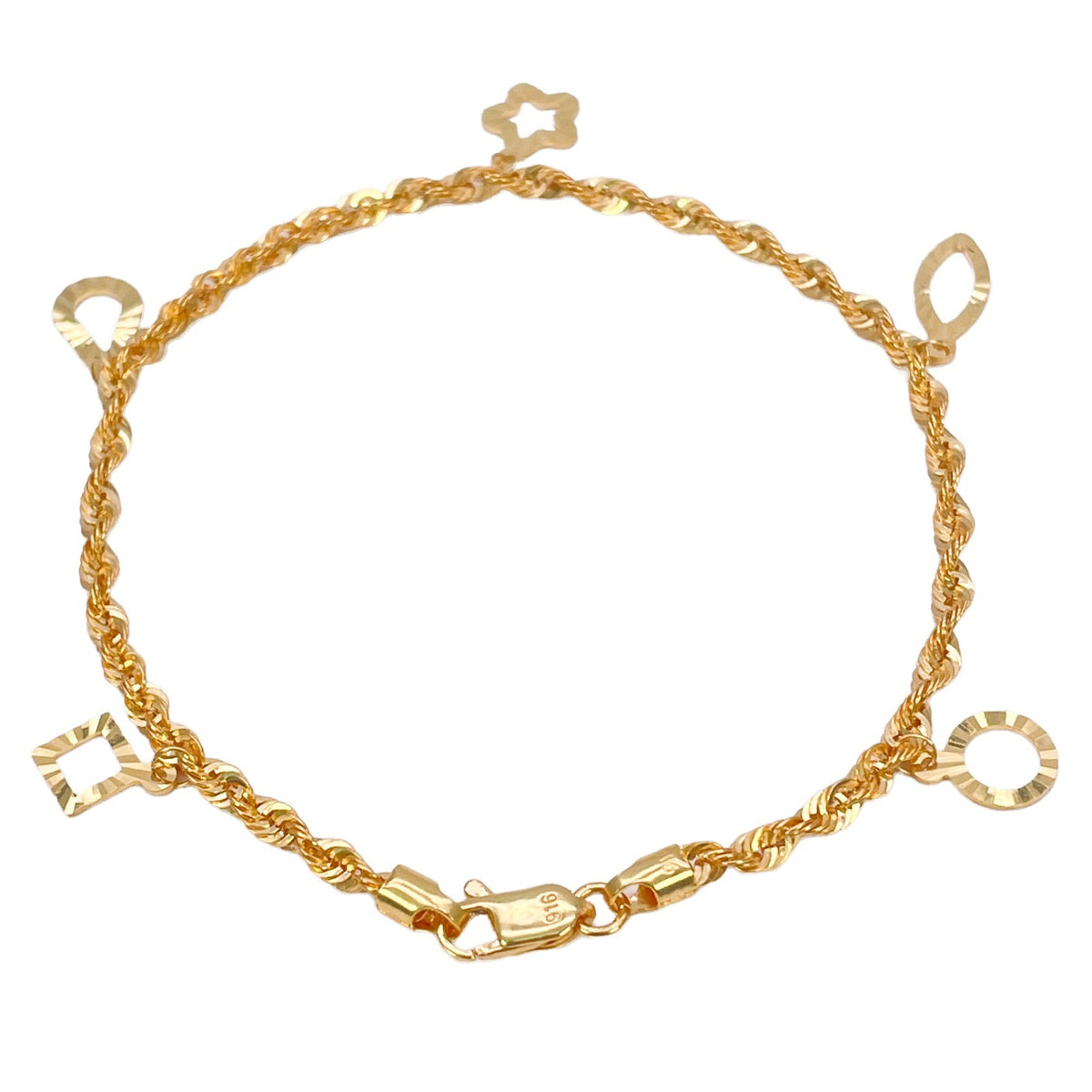 22ct Yellow Gold Rope Chain Bracelet Diamond Cut Shape Charms