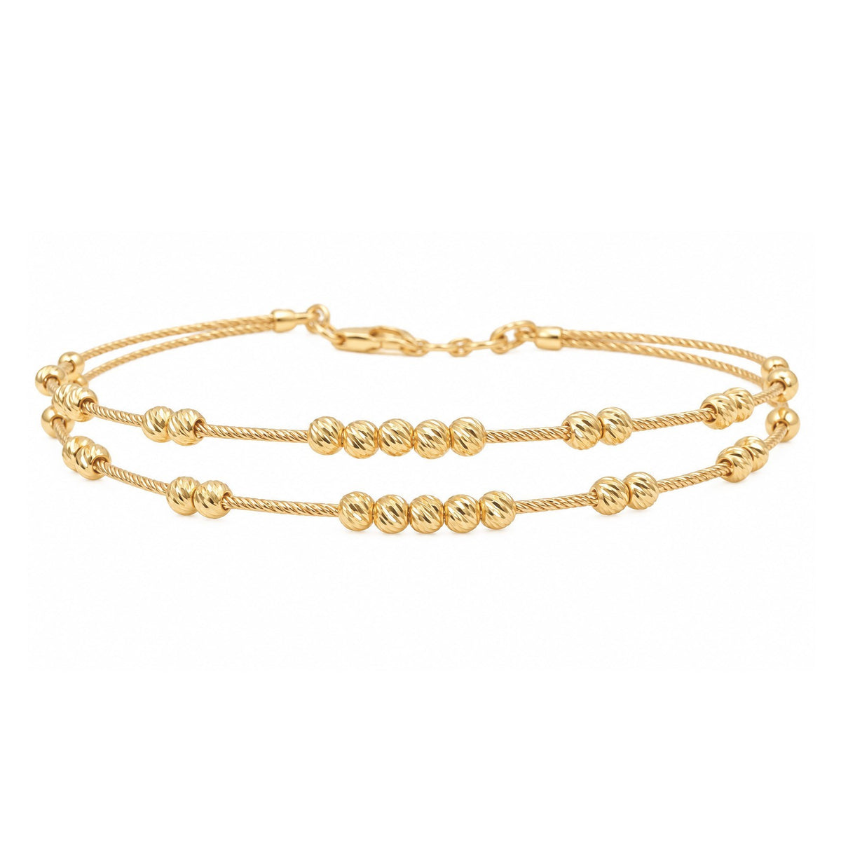 22ct Yellow Gold Double Row Beaded Bracelet Diamond Cut Bead Clusters