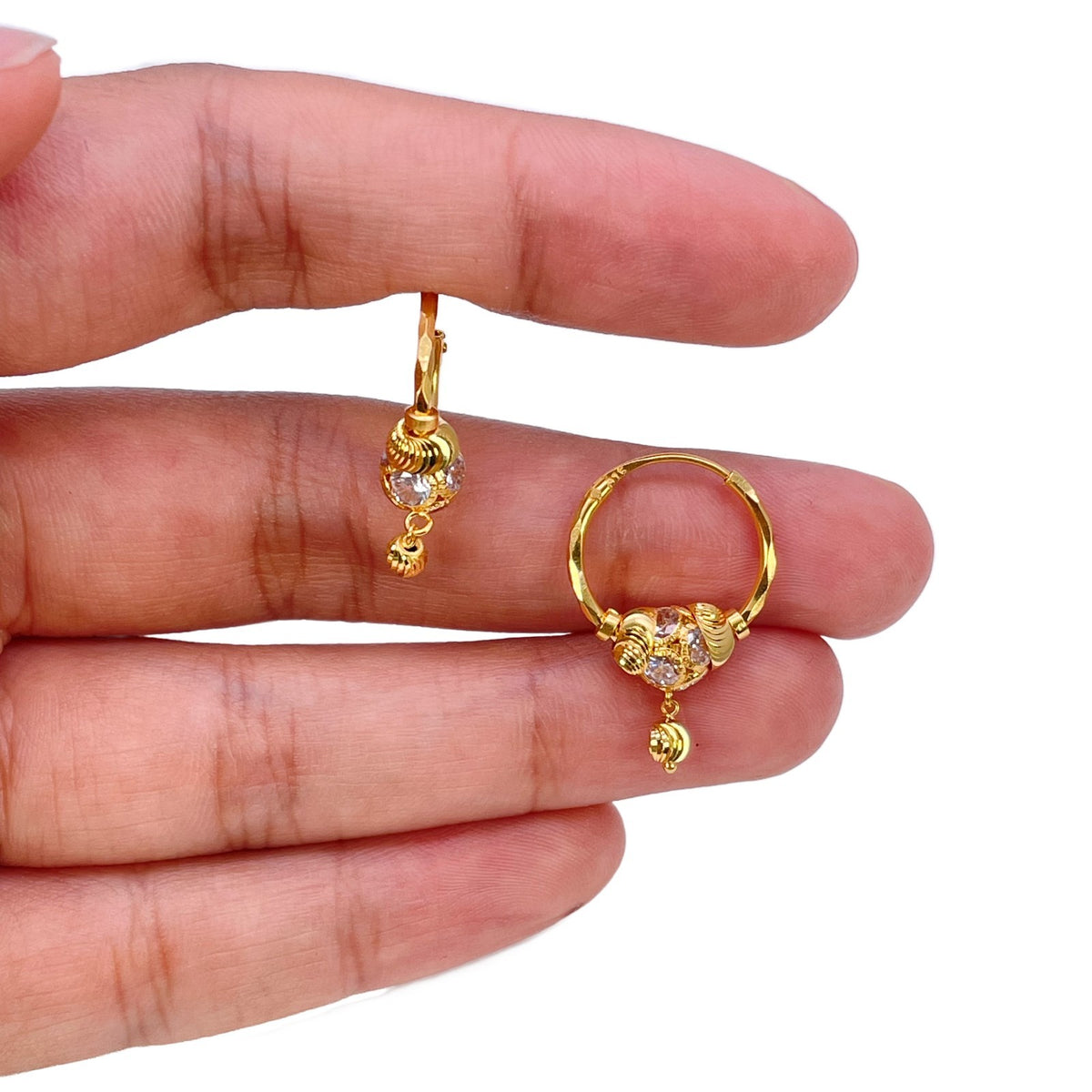 22ct Yellow Gold Cubic Zirconia Hoop Earrings Diamond Cut Dangle