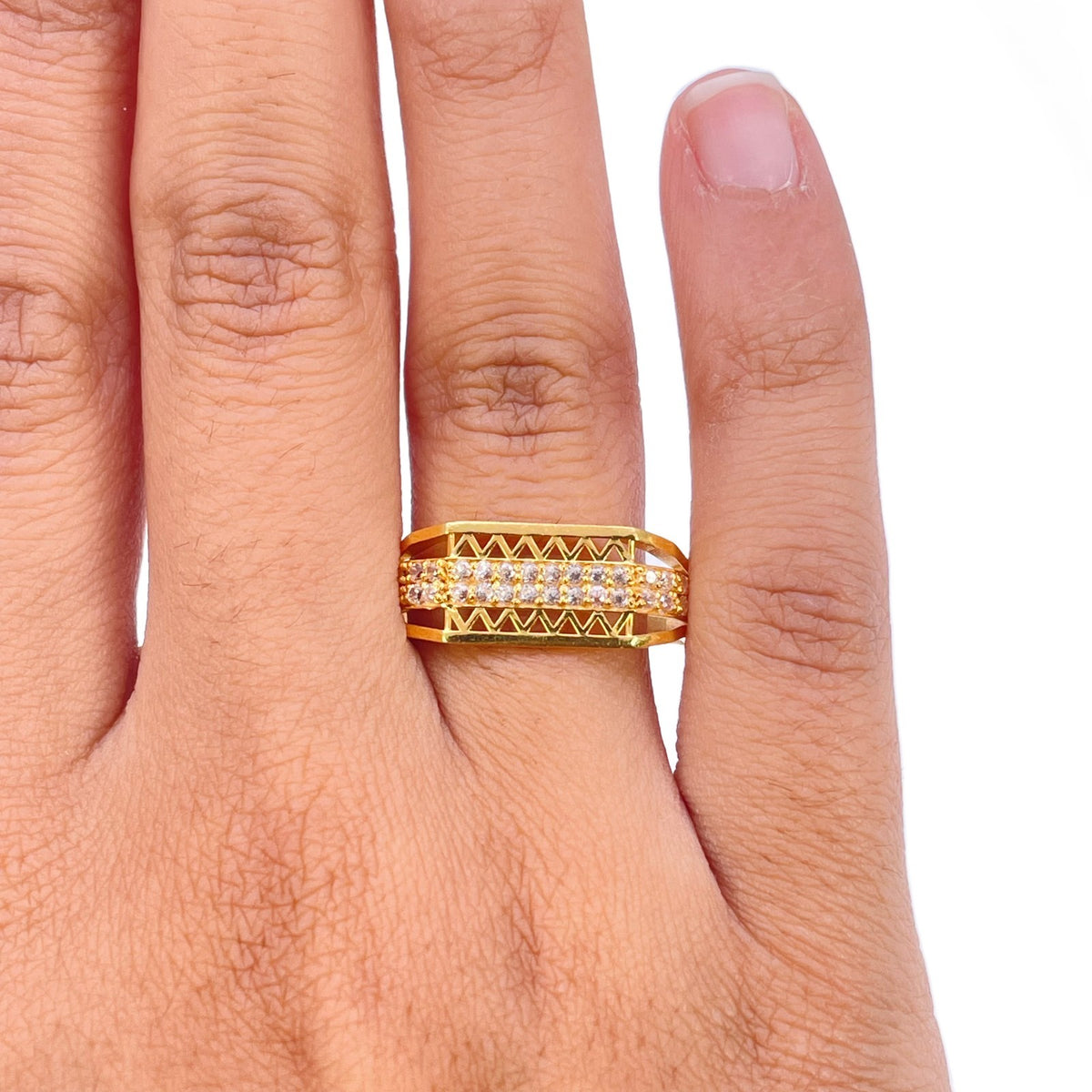 22ct Yellow Gold Cubic Zirconia Ring Chevron Cutout Cluster Set Statement