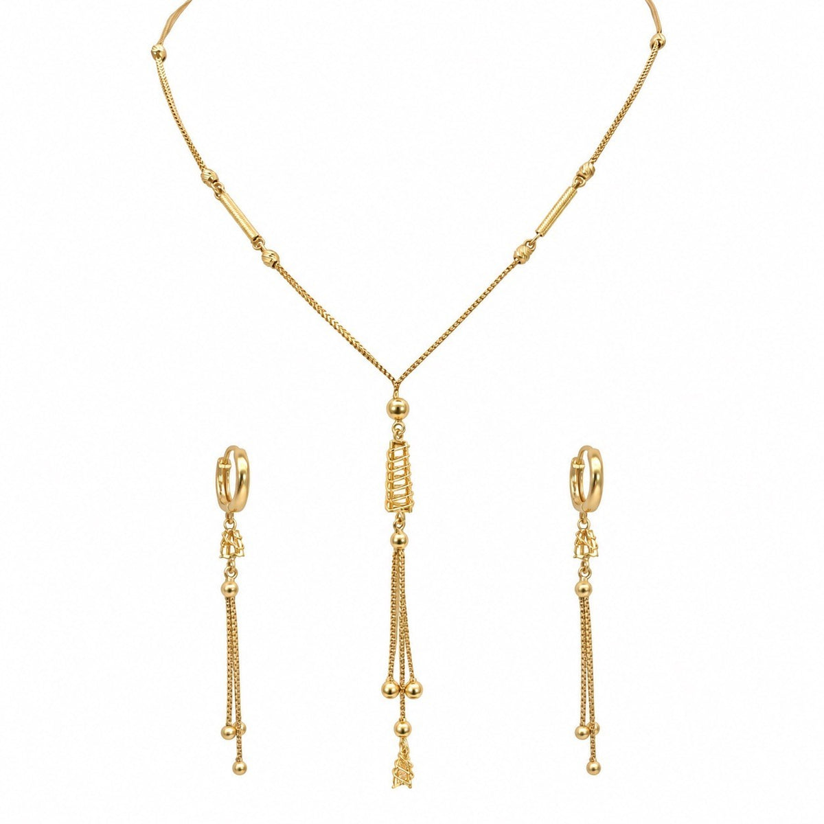 22ct Yellow Gold Tassel Necklace & Hoop Earring Set Lattice Drop Y Chain
