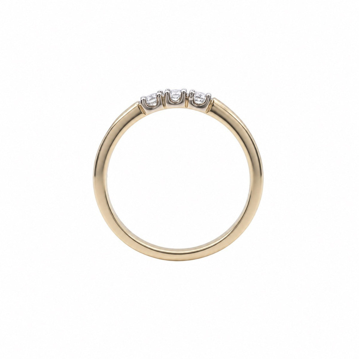 18ct yellow gold three stone diamond ring, two tone claw setting, side view