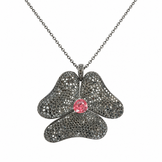 Gavello hanger met zwarte diamant en toermalijn, 18kt witgoud aan zilveren ketting