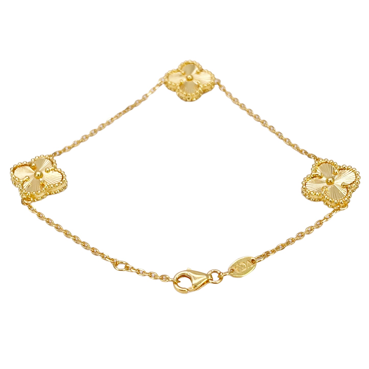 Bracelet 7,5 pouces en or jaune 22 carats avec 5 trèfles floraux taillés en diamant