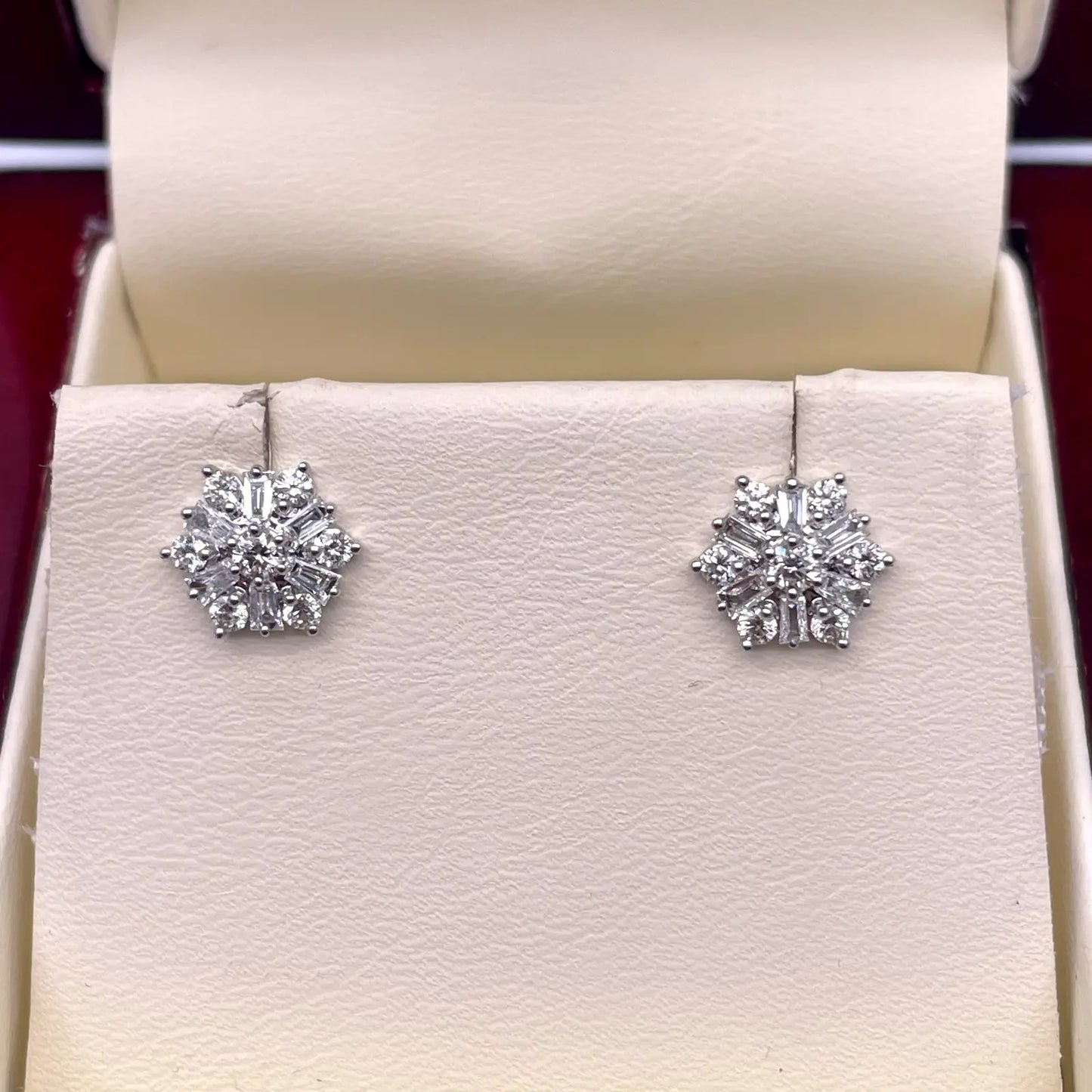 18ct White Gold Diamond Baguette Snowflake Cluster Stud Earring 9mm width,0.62ct 