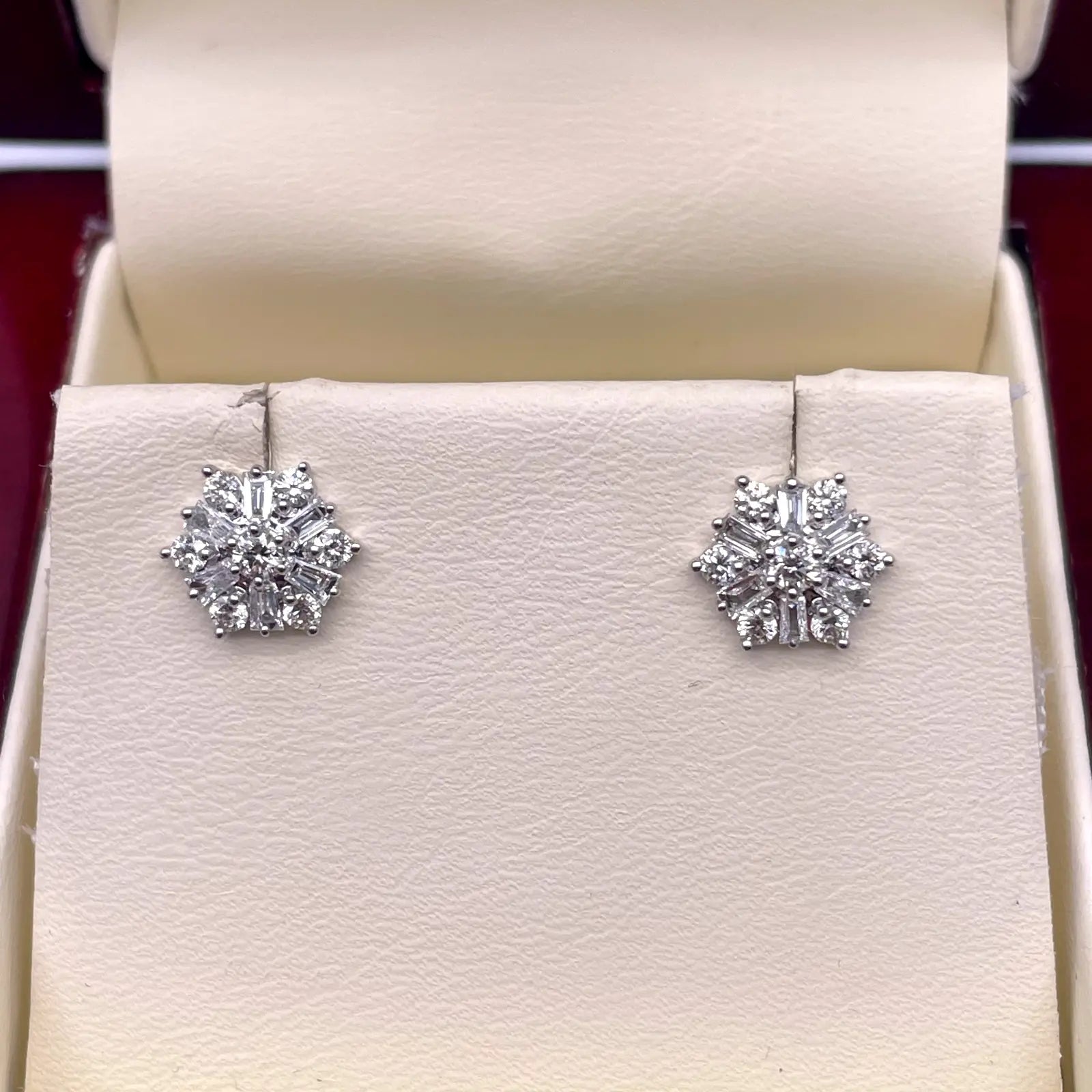 18ct White Gold Diamond Baguette Snowflake Cluster Stud Earring 9mm width,0.62ct 