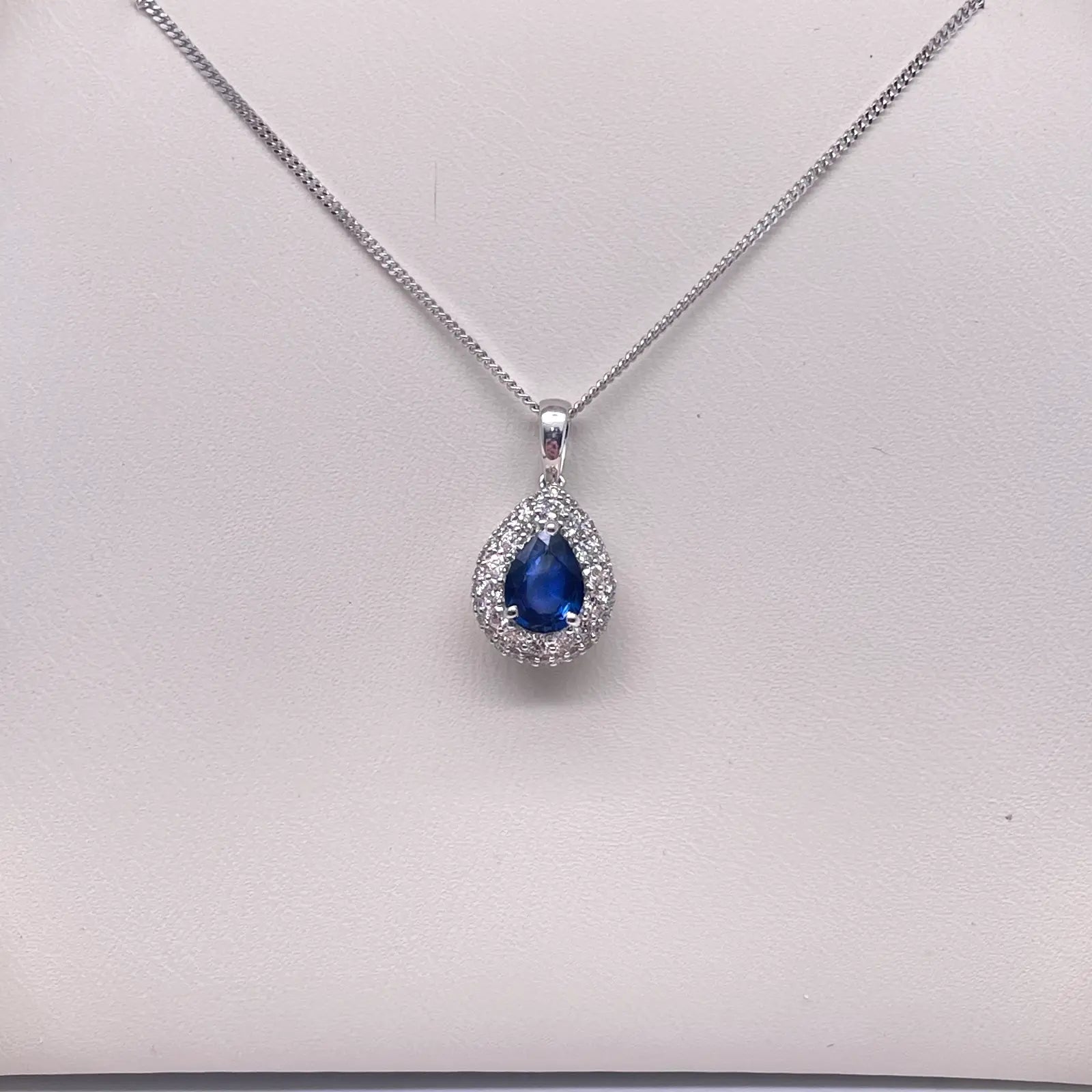 18ct White Gold Double Row Halo Diamond Blue Sapphire Pear Pendant&Chain 0.32ct 