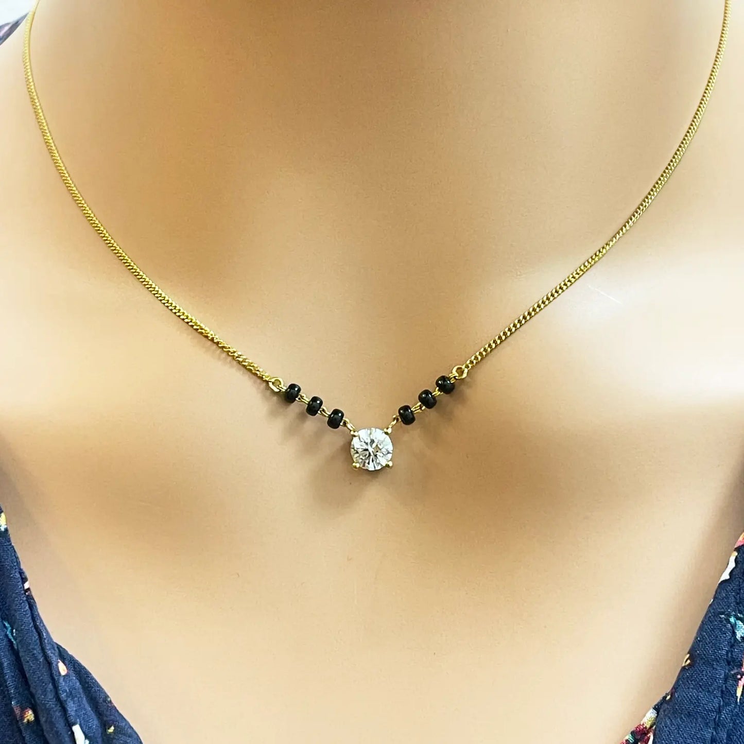 18ct Yellow Gold Lab Grown Diamond 0.50ct Black Beads Mangalsutra Necklace  Mangalsutra Chains