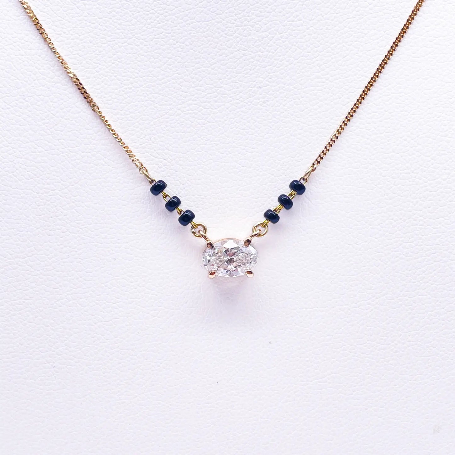 18ct Yellow Gold Lab Grown Oval Diamond 1.00ct Black Beads Mangalsutra Necklace IGI Certified 