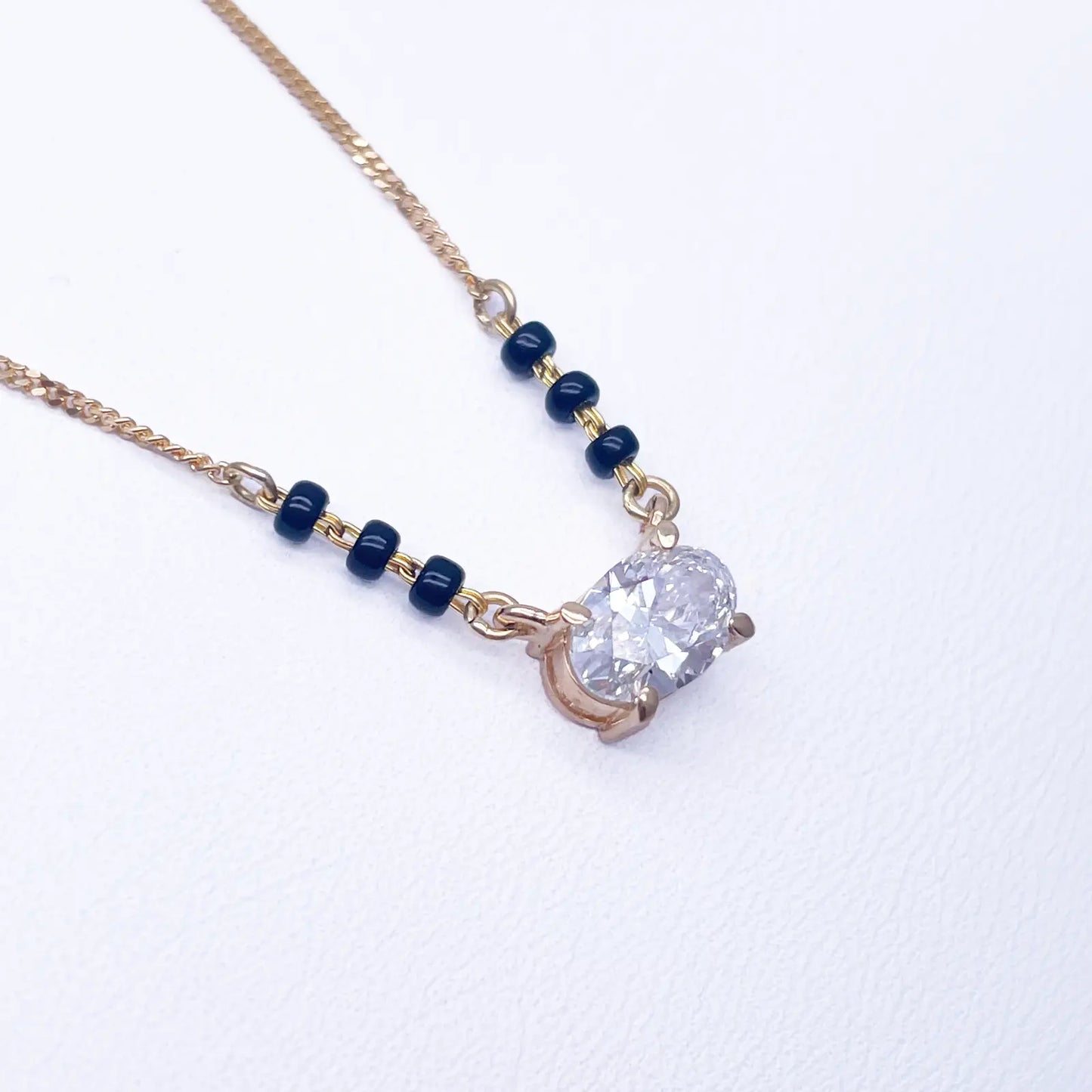 18ct Yellow Gold Lab Grown Oval Diamond 1.00ct Black Beads Mangalsutra Necklace IGI Certified 