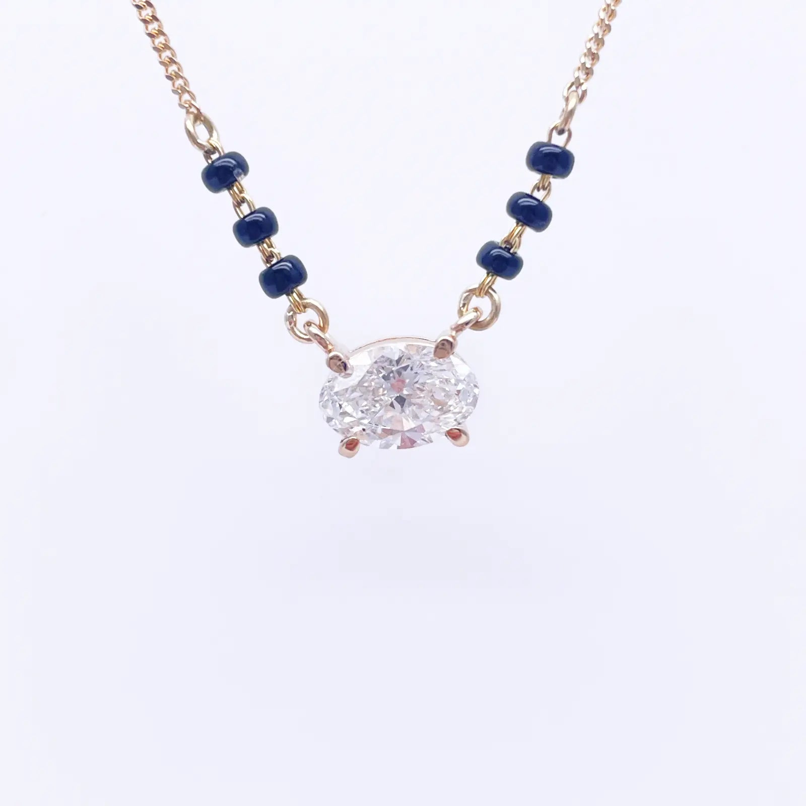 18ct Yellow Gold Lab Grown Oval Diamond 1.00ct Black Beads Mangalsutra Necklace IGI Certified 